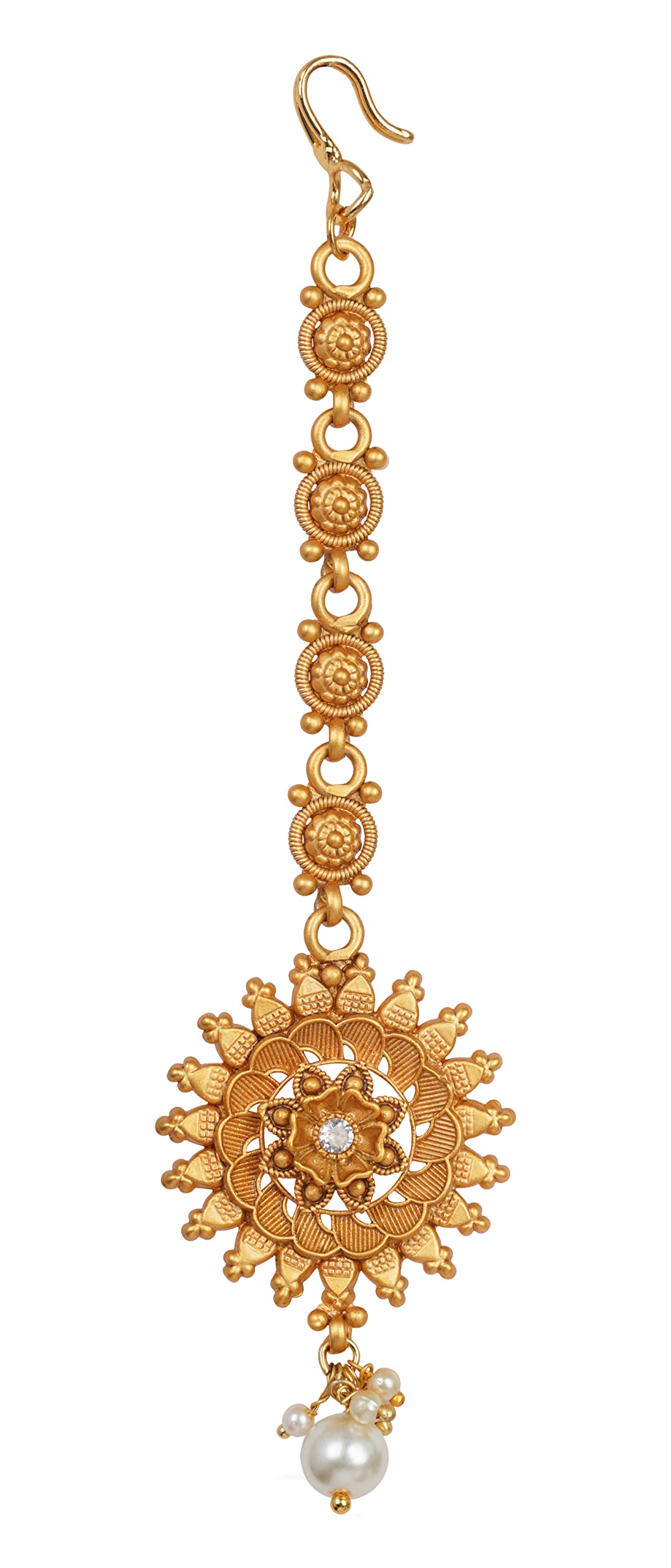 Matte Gold Plated Floral White Stone With Drop Dangler Mangtika .