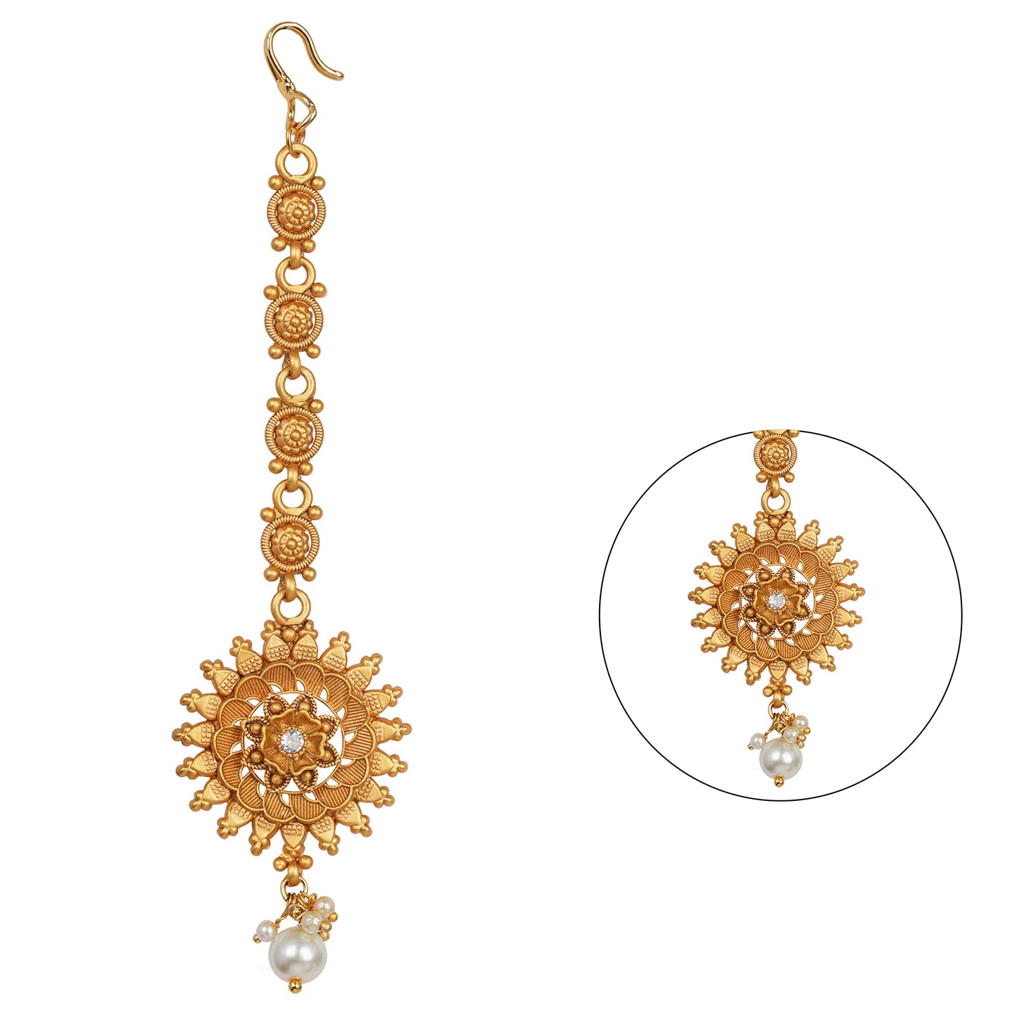 Matte Gold Plated Floral White Stone With Drop Dangler Mangtika .