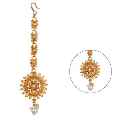 Matte Gold Plated Floral White Stone With Drop Dangler Mangtika .