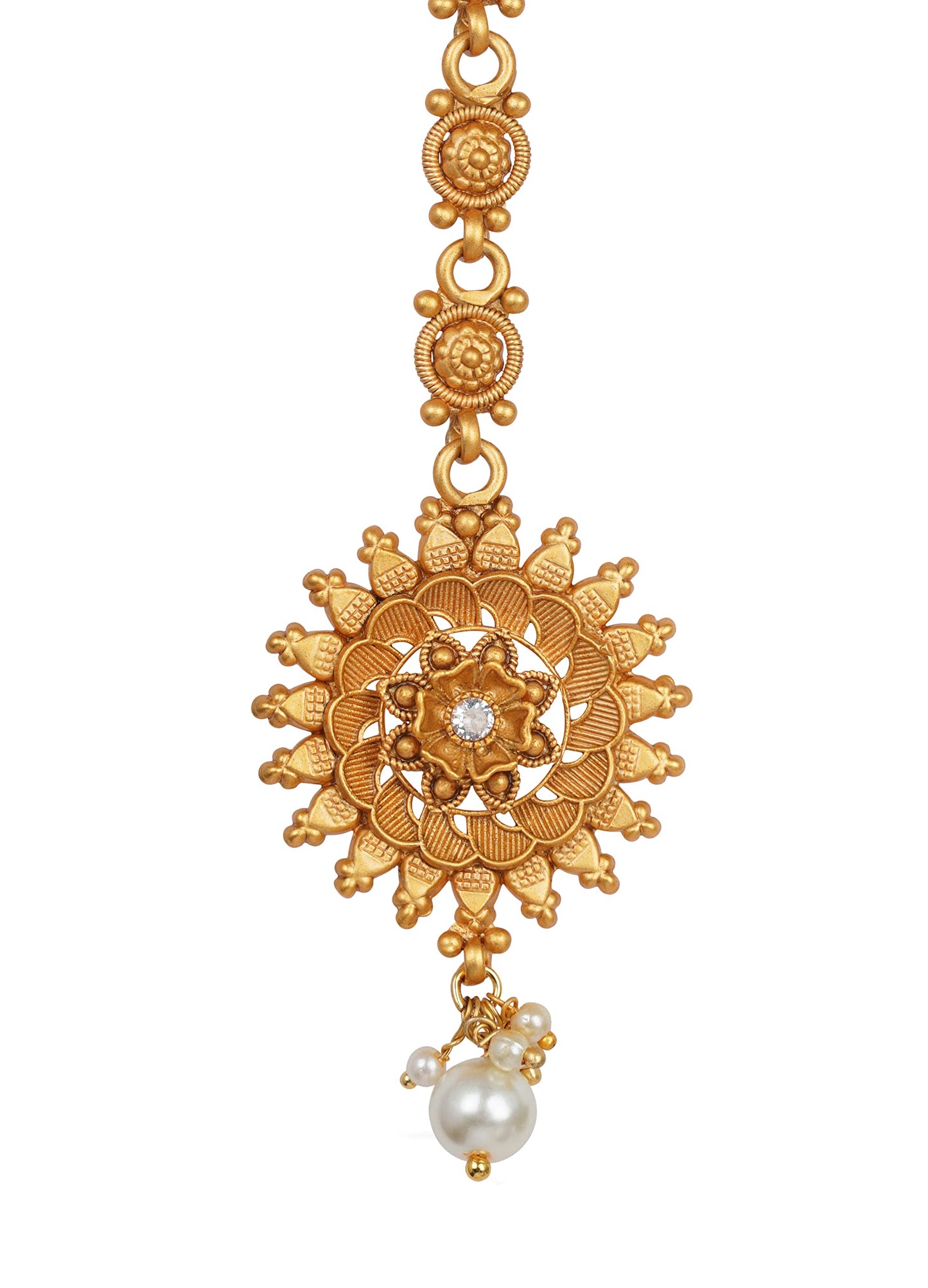 Matte Gold Plated Floral White Stone With Drop Dangler Mangtika .