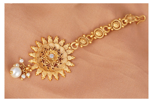 Matte Gold Plated Floral White Stone With Drop Dangler Mangtika .