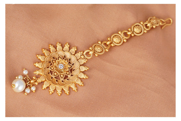 Matte Gold Plated Floral White Stone With Drop Dangler Mangtika .