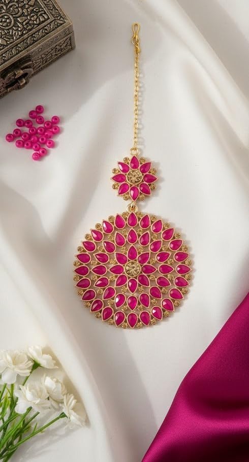 Gold Plated Dark Pink Stone And Lcd Diamond Studded Maang Tikka (Dark Pink)