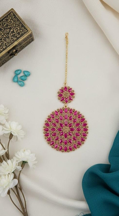 Gold Plated Dark Pink Stone And Lcd Diamond Studded Maang Tikka (Dark Pink)