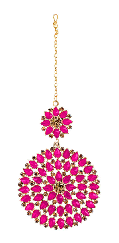 Gold Plated Dark Pink Stone And Lcd Diamond Studded Maang Tikka (Dark Pink)