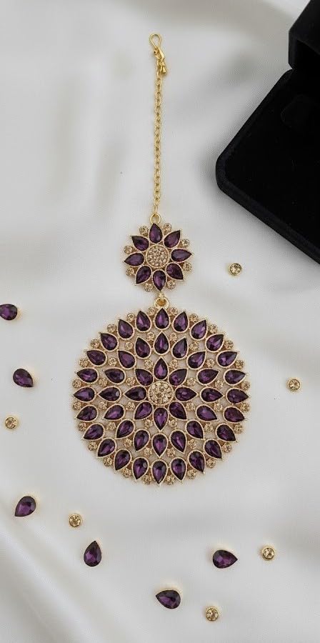 Gold Plated Stone And Lcd Diamond Studded Maang Tikka (Transparent Dark Purple)
