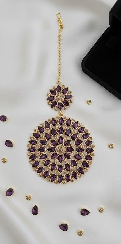 Gold Plated Stone And Lcd Diamond Studded Maang Tikka (Transparent Dark Purple)