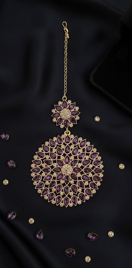 Gold Plated Stone And Lcd Diamond Studded Maang Tikka (Transparent Dark Purple)