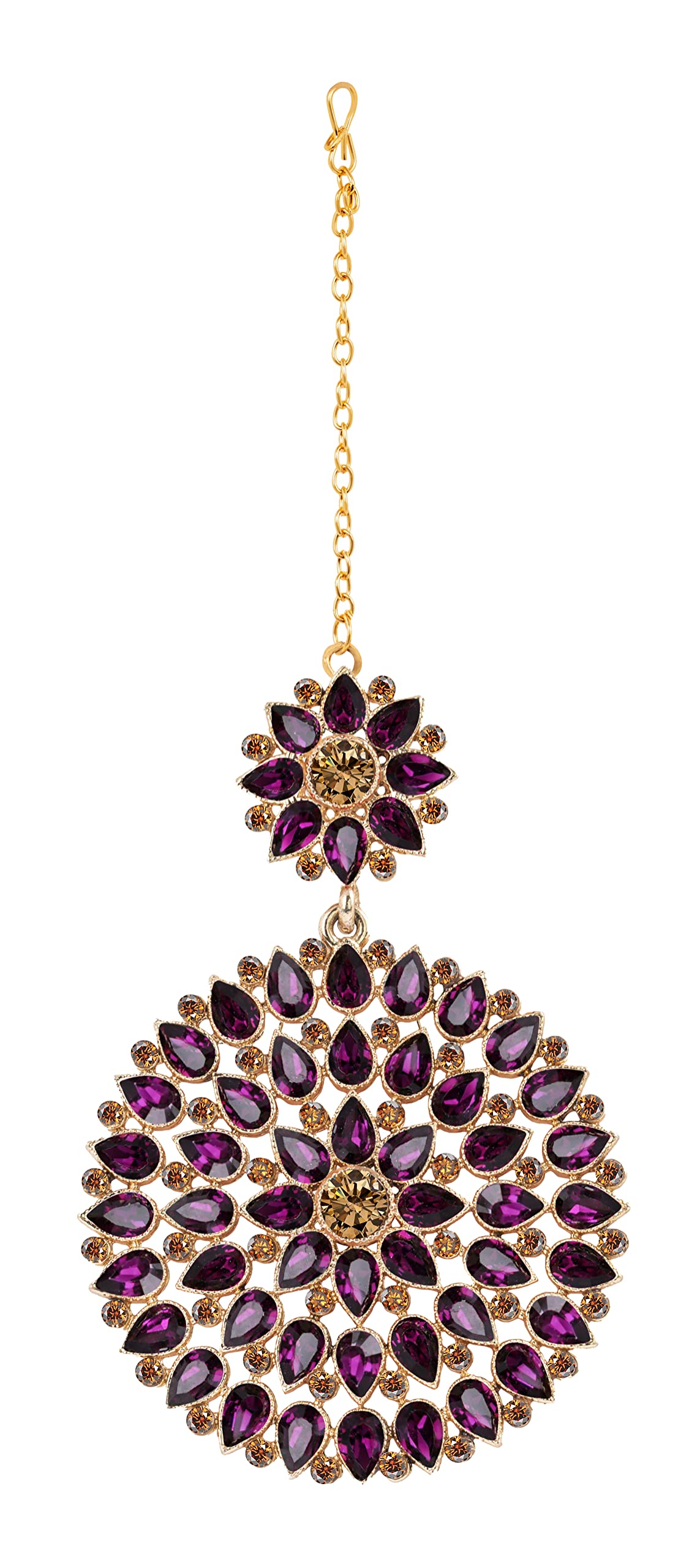 Gold Plated Stone And Lcd Diamond Studded Maang Tikka (Transparent Dark Purple)