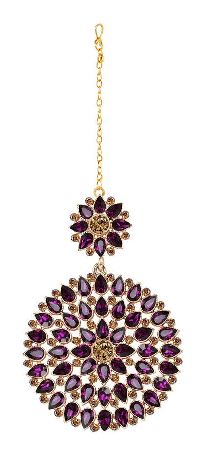 Gold Plated Stone And Lcd Diamond Studded Maang Tikka (Transparent Dark Purple)