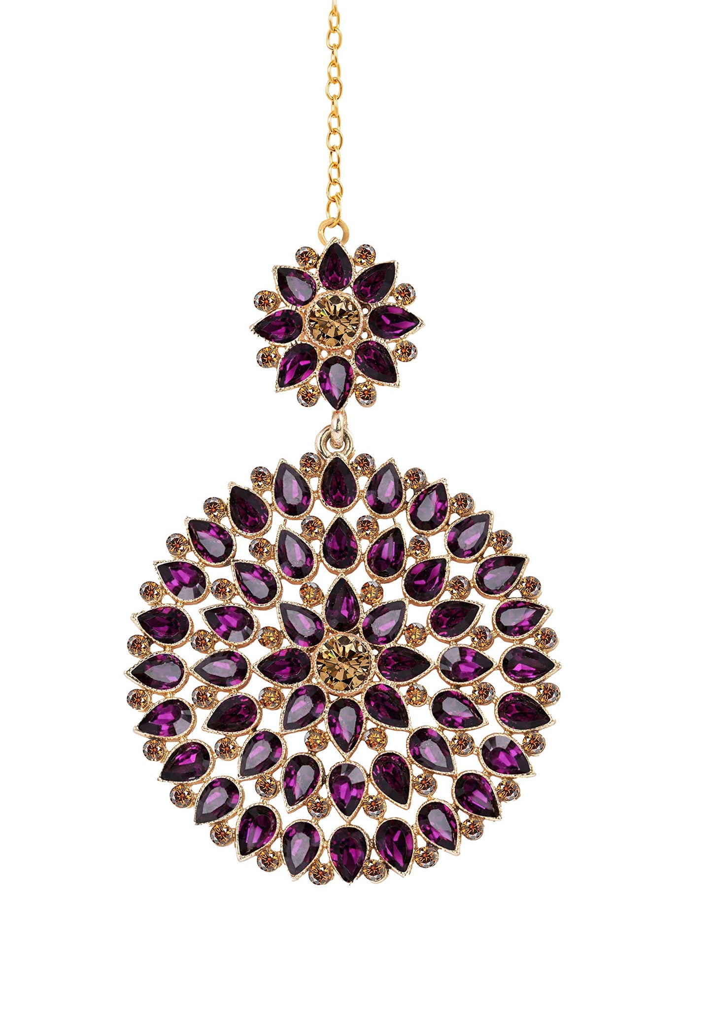 Gold Plated Stone And Lcd Diamond Studded Maang Tikka (Transparent Dark Purple)