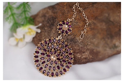 Gold Plated Stone And Lcd Diamond Studded Maang Tikka (Transparent Dark Purple)