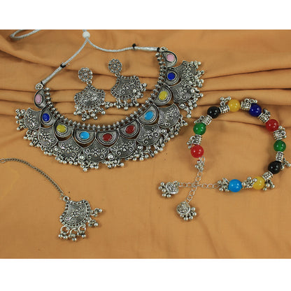 JFL - Jewellery for Less Navratri Special Oxidised Silver Plated Multicolor Stone Necklac Set for Women & Girls – Statement Necklace, Earrings, Maang Tikka & Multicolor Beaded Bracelet Combo
