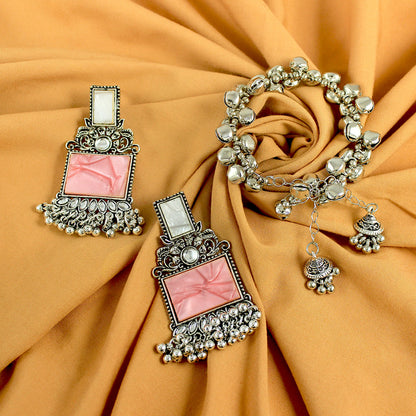 JFL - Jewellery for Less Navratri Special Combo of Oxidised Acrylic Mother of Pearl and Kundan Studded Statement Earrings with Ghungroo Bracelet for Women & Girls. (Peach)