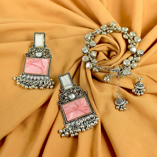JFL - Jewellery for Less Navratri Special Combo of Oxidised Acrylic Mother of Pearl and Kundan Studded Statement Earrings with Ghungroo Bracelet for Women & Girls. (Peach)