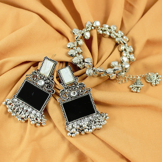 JFL - Jewellery for Less Navratri Special Combo of Oxidised Acrylic Mother of Pearl and Kundan Studded Statement Earrings with Ghungroo Bracelet for Women & Girls. (Black)
