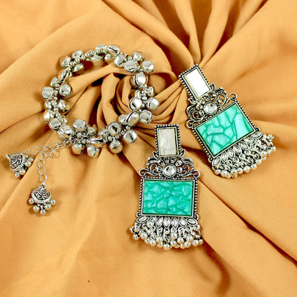 JFL - Jewellery for Less Navratri Special Combo of Oxidised Acrylic Mother of Pearl and Kundan Studded Statement Earrings with Ghungroo Bracelet for Women & Girls. (Green)