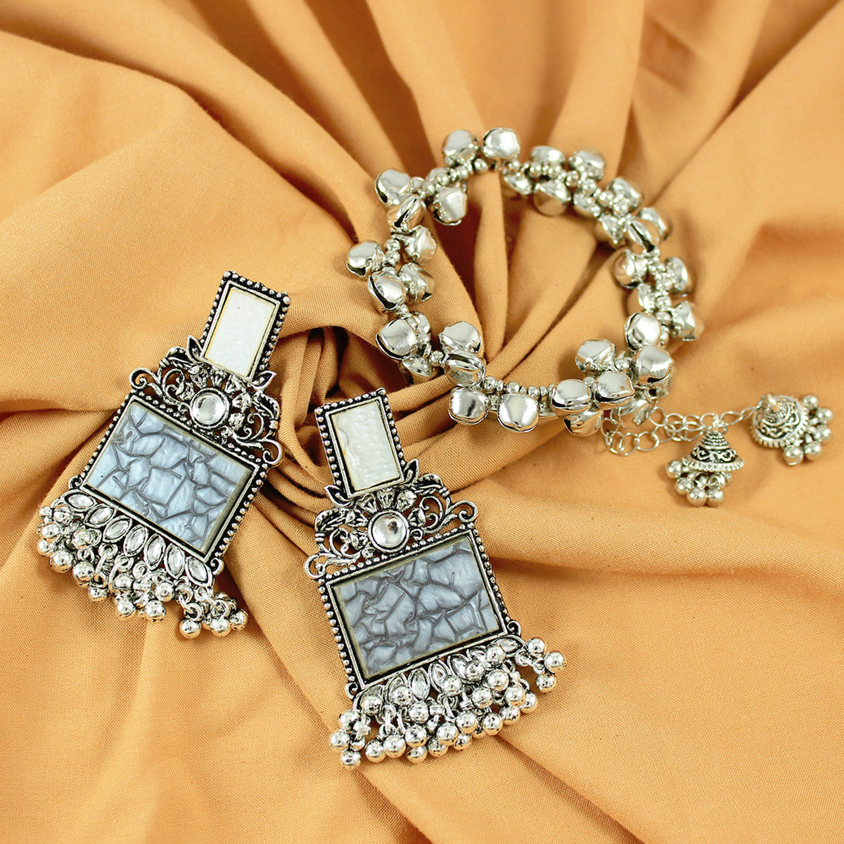 JFL - Jewellery for Less Navratri Special Combo of Oxidised Acrylic Mother of Pearl and Kundan Studded Statement Earrings with Ghungroo Bracelet for Women & Girls. (Grey)