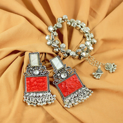 FL - Jewellery for Less Navratri Special Combo of Oxidised Acrylic Mother of Pearl and Kundan Studded Statement Earrings with Ghungroo Bracelet for Women & Girls. (Bold Red)