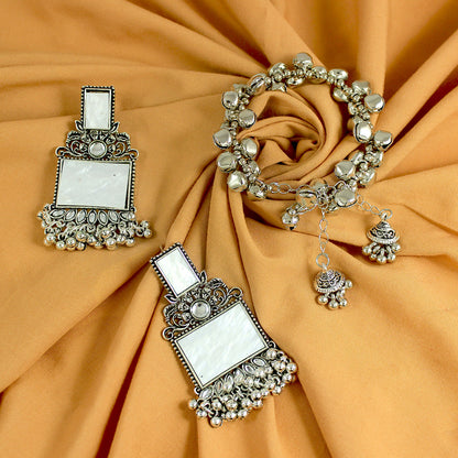JFL - Jewellery for Less Navratri Special Combo of Oxidised Acrylic Mother of Pearl and Kundan Studded Statement Earrings with Ghungroo Bracelet for Women & Girls. (White)