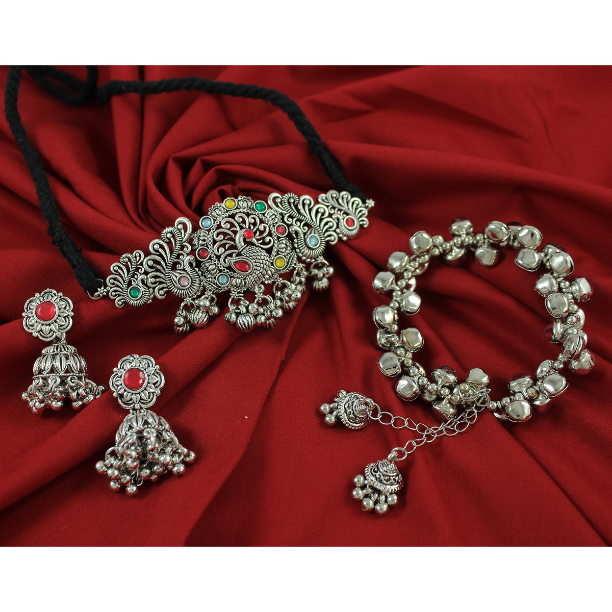 JFL - Jewellery for Less Ethnic Oxidised Silver Plated Multicolor Stone Peacock Design Choker Necklac Set with Ghungroo Bracelet for Women & Girls (Navratri Special)