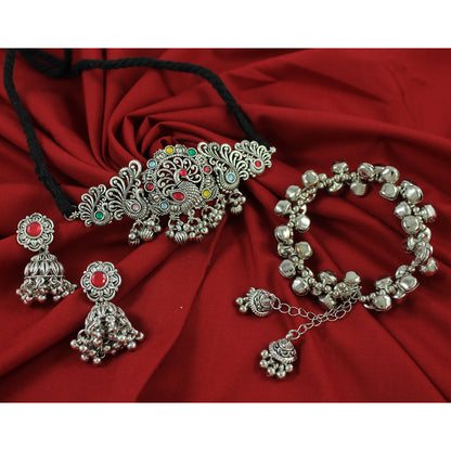 JFL - Jewellery for Less Ethnic Oxidised Silver Plated Multicolor Stone Peacock Design Choker Necklac Set with Ghungroo Bracelet for Women & Girls (Navratri Special)