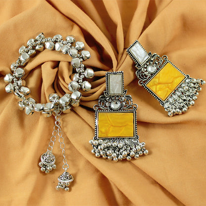 JFL - Jewellery for Less Navratri Special Combo of Oxidised Acrylic Mother of Pearl and Kundan Studded Statement Earrings with Ghungroo Bracelet for Women & Girls. (Yellow)