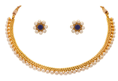 One Gram Gold Plated Pearl Necklace Set/ Set With Kudi Earrings (Blue)
