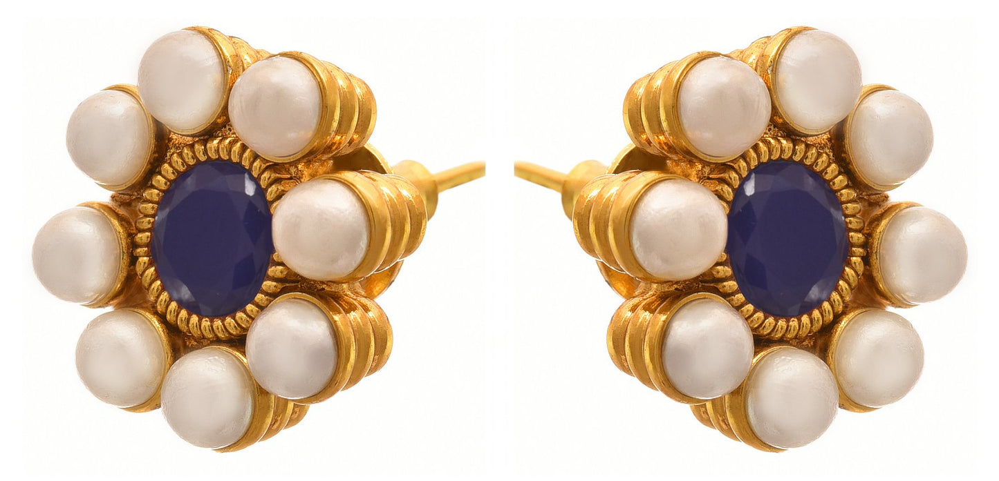 One Gram Gold Plated Pearl Necklace Set/ Set With Kudi Earrings (Blue)