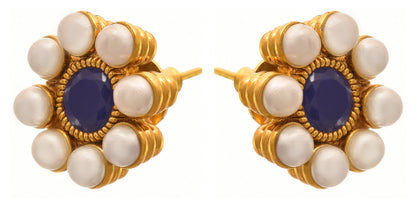 One Gram Gold Plated Pearl Necklace Set/ Set With Kudi Earrings (Blue)