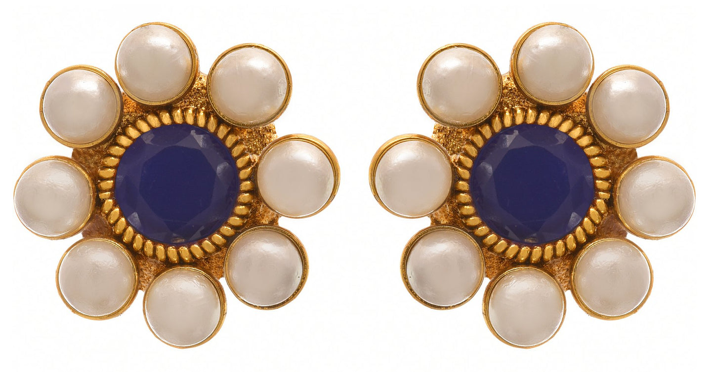 One Gram Gold Plated Pearl Necklace Set/ Set With Kudi Earrings (Blue)