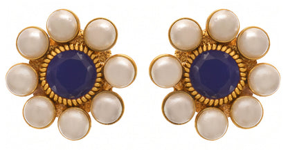 One Gram Gold Plated Pearl Necklace Set/ Set With Kudi Earrings (Blue)