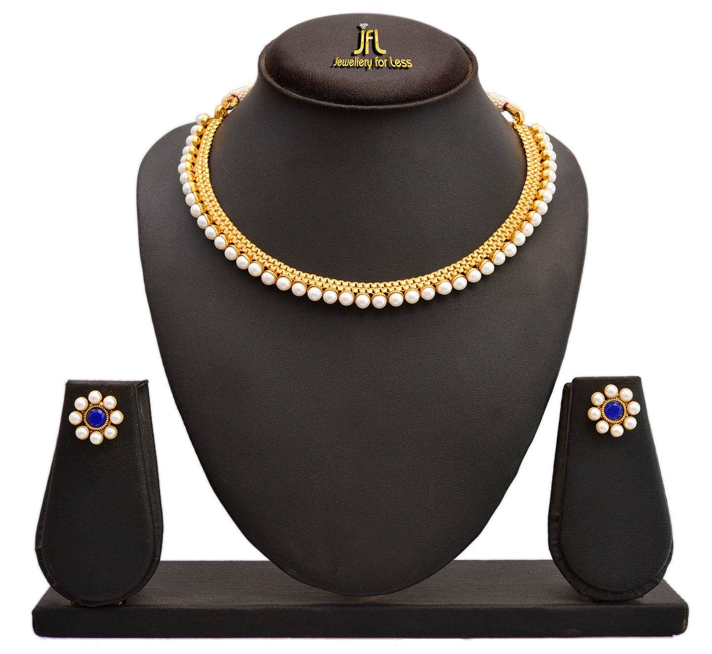 One Gram Gold Plated Pearl Necklace Set/ Set With Kudi Earrings (Blue)