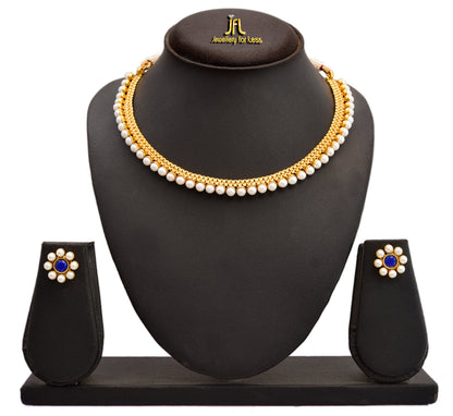 One Gram Gold Plated Pearl Necklace Set/ Set With Kudi Earrings (Blue)