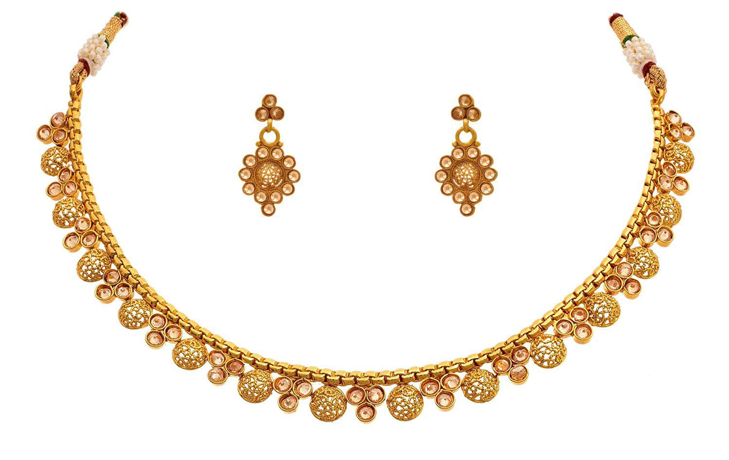 One Gram Gold Plated Polki Diamond Necklace Set With Earrings .