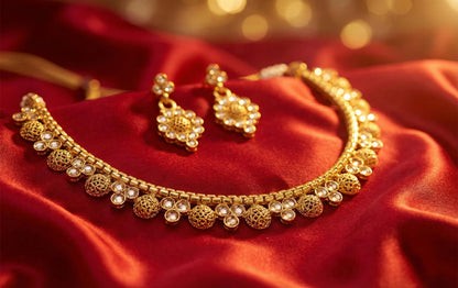One Gram Gold Plated Polki Diamond Necklace Set With Earrings .