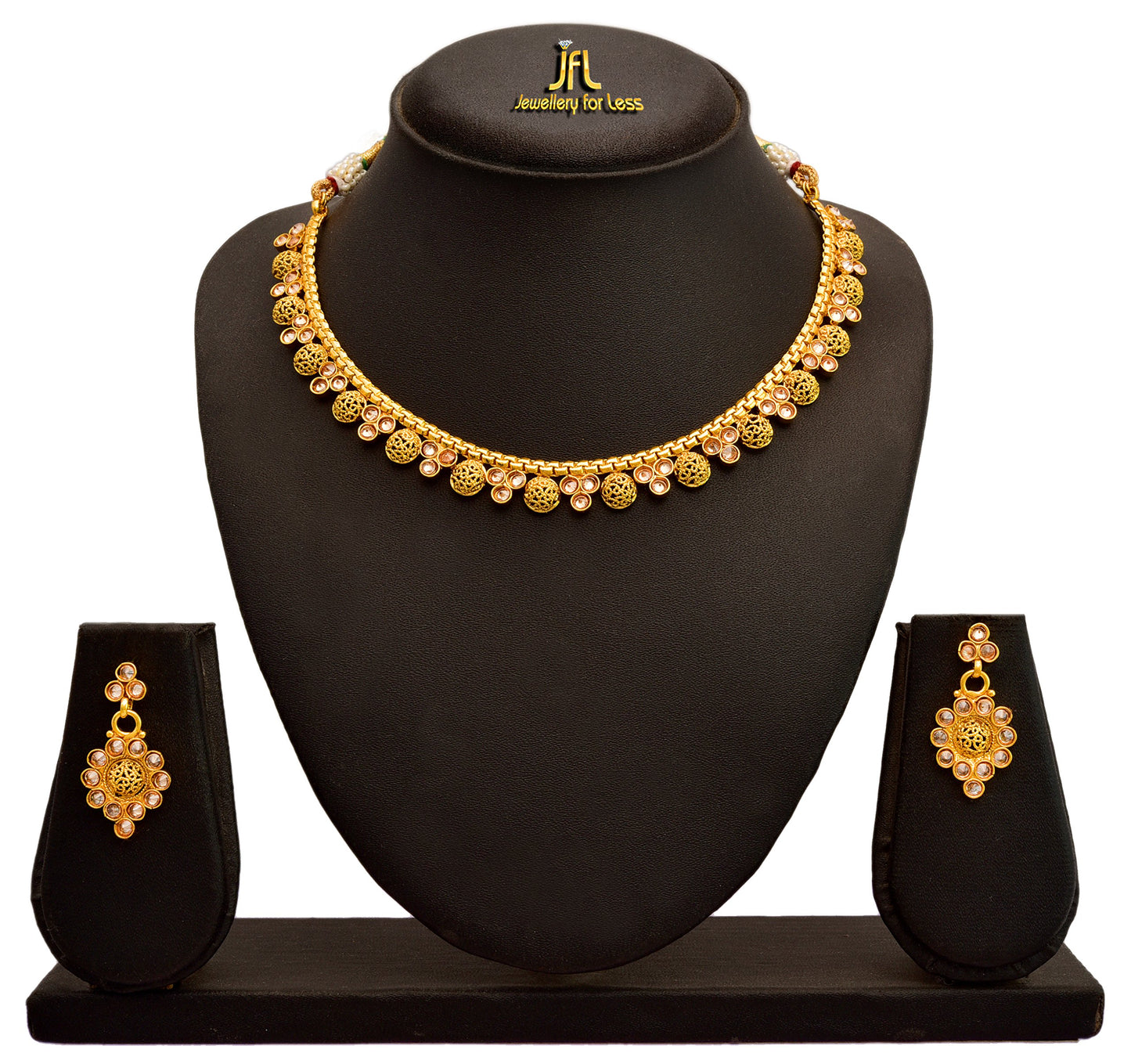 One Gram Gold Plated Polki Diamond Necklace Set With Earrings .