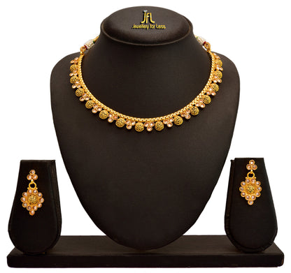 One Gram Gold Plated Polki Diamond Necklace Set With Earrings .