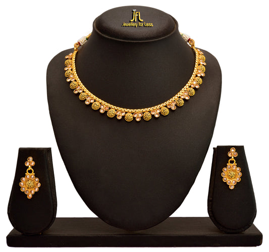 One Gram Gold Plated Polki Diamond Necklace Set With Earrings .
