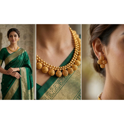 Gold Plated Filigree Necklace Set Handmade Choker Set With Matching Earrings , Festive Necklace