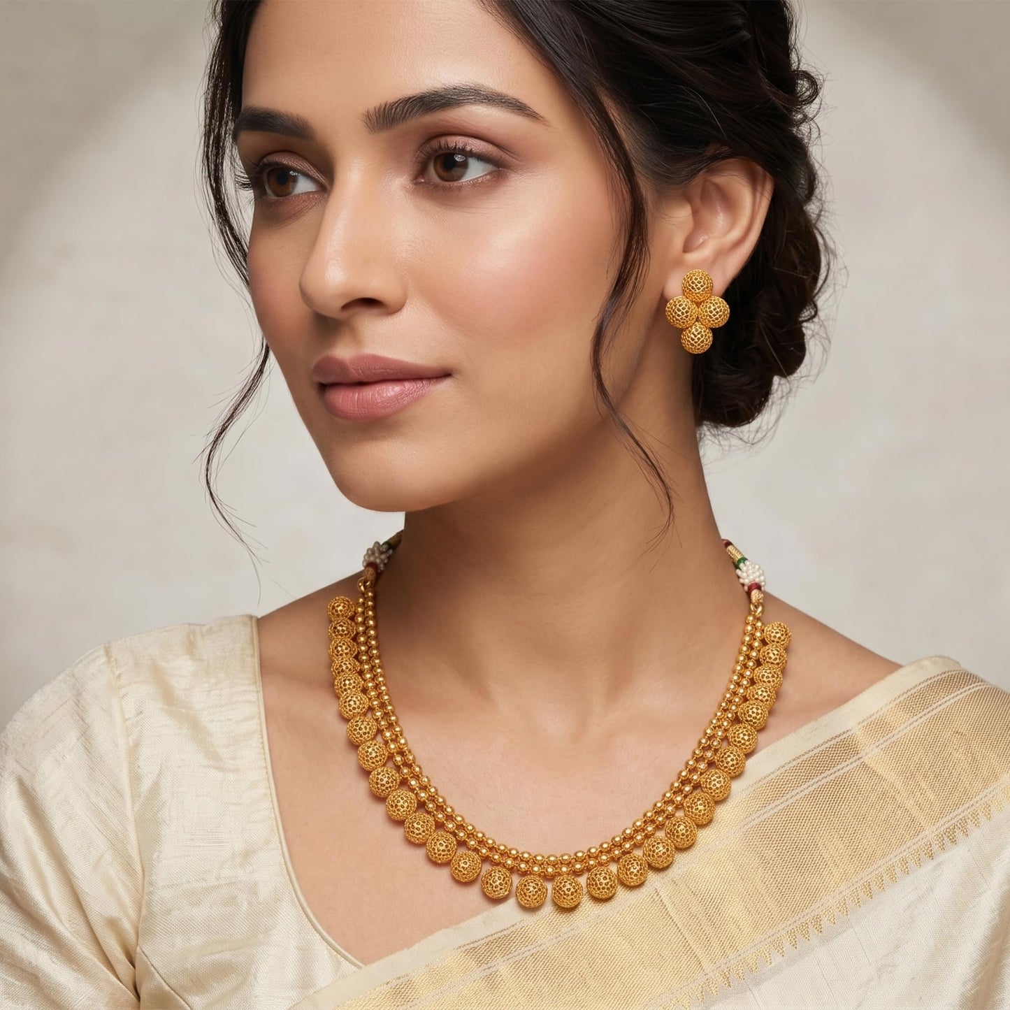 Gold Plated Filigree Necklace Set Handmade Choker Set With Matching Earrings , Festive Necklace