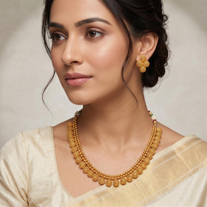 Gold Plated Filigree Necklace Set Handmade Choker Set With Matching Earrings , Festive Necklace