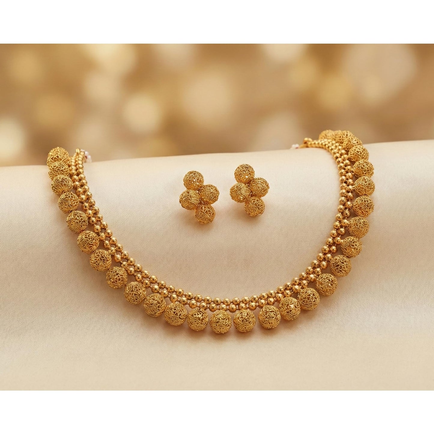 Gold Plated Filigree Necklace Set Handmade Choker Set With Matching Earrings , Festive Necklace
