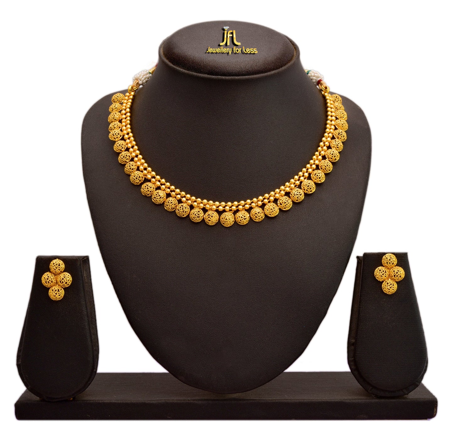 Gold Plated Filigree Necklace Set Handmade Choker Set With Matching Earrings , Festive Necklace