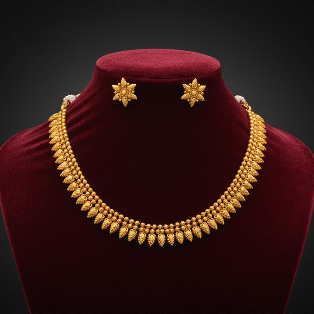 One Gram Gold Plated Temple Necklace Set With Stud Earrings