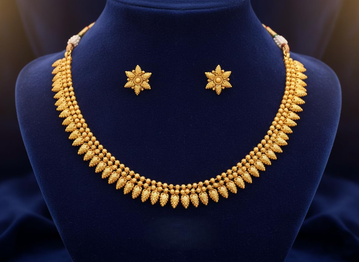 One Gram Gold Plated Temple Necklace Set With Stud Earrings