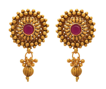 Gold Plated Long Necklace Set Multi Layer Beaded Haram With Maroon Stone & Matching Earrings & Festive