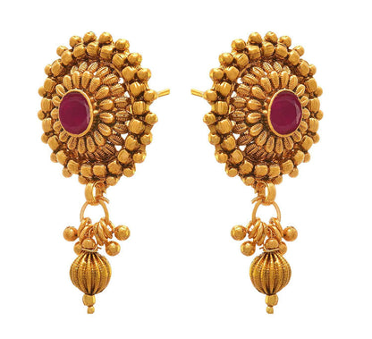 Gold Plated Long Necklace Set Multi Layer Beaded Haram With Maroon Stone & Matching Earrings & Festive