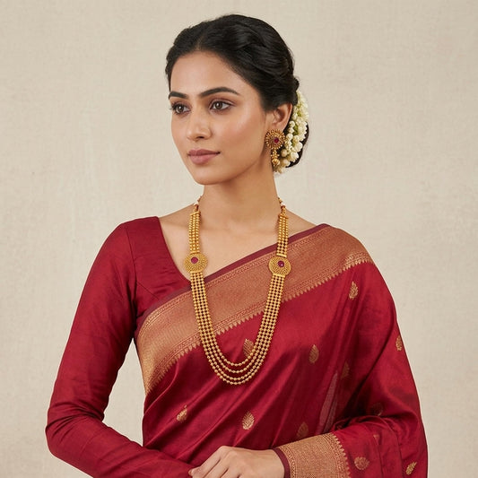 Gold Plated Long Necklace Set Multi Layer Beaded Haram With Maroon Stone & Matching Earrings & Festive