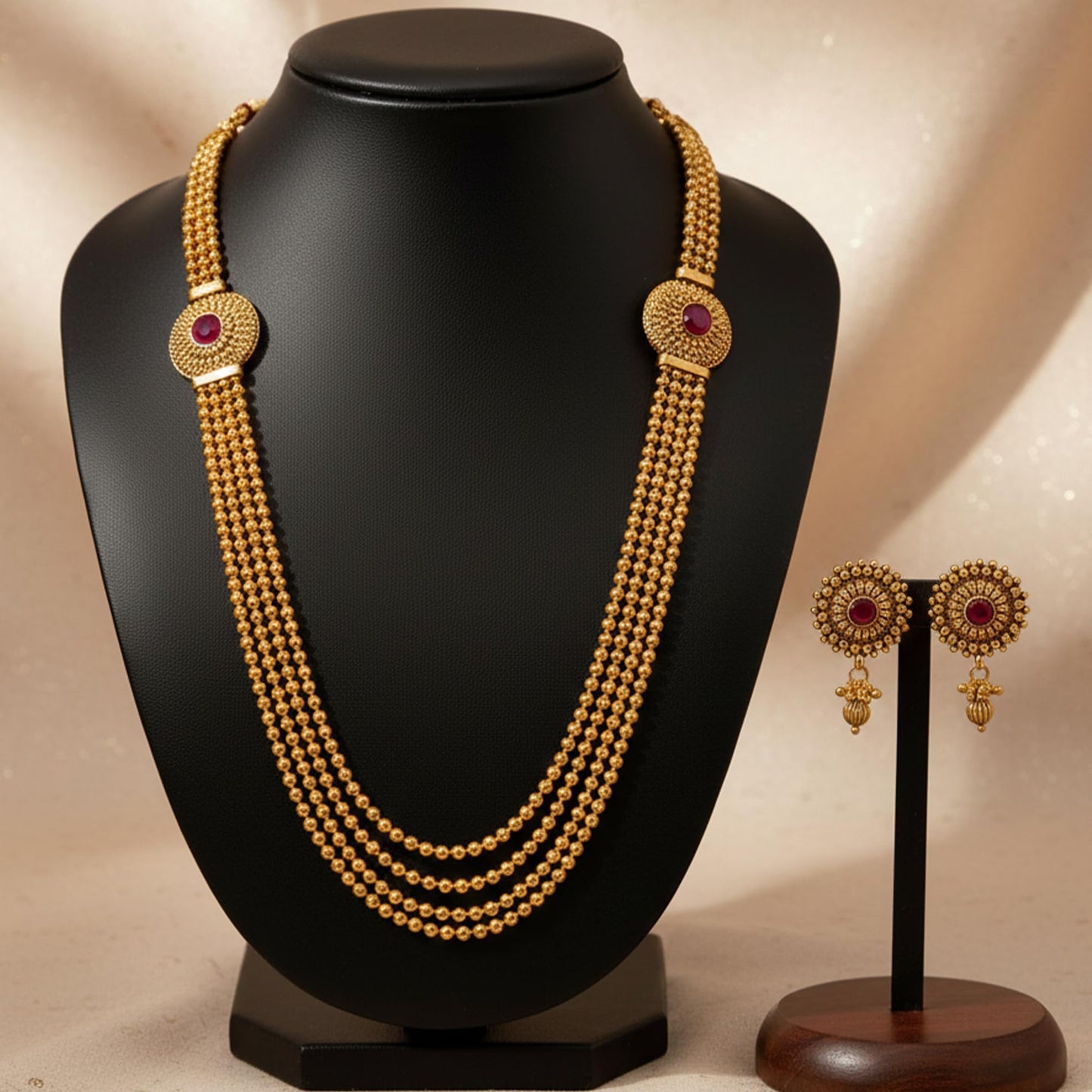 Gold Plated Long Necklace Set Multi Layer Beaded Haram With Maroon Stone & Matching Earrings & Festive